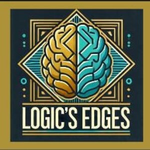 Op de afbeelding: Een afbeelding met een gestileerd brein verdeeld in gouden en turquoise helften, binnen een ruitvorm. De tekst "LOGIC'S EDGES" staat eronder. Rechts staat de tekst "GET UNSTUCK FIRST PRINCIPLE THINKING". De achtergrond is olijfgroen.