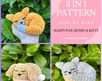 Sömniga vänner - 3 i 1 amigurumi virkmönster - RÄV, KATT, KANIN