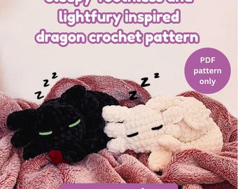 May include: A black and white crochet dragon pattern inspired by Toothless and Lightfury, resting on a pink blanket. The text reads "Sleepy Toothless and lightfury inspired dragon crochet pattern". The pattern is available as a PDF.
