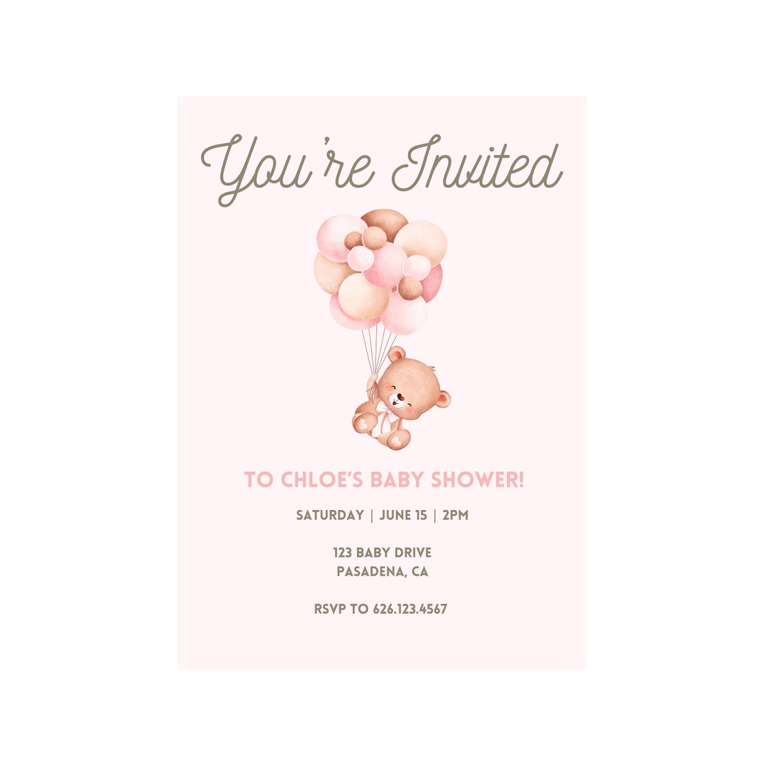 Baby Shower Invitation Baby Girl Pink Teddy Bear Minimal Editable ...