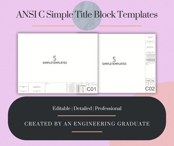 Simple Engineering AutoCAD Design Horizontal Title Block Template ANSI C (36x24) 2 Layouts