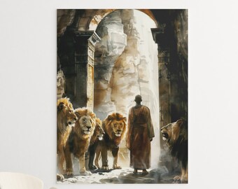 Toile ou poster de Daniel dans la fosse aux lions - oeuvre d'art murale chrétienne, fosse aux lions, prière, oeuvre d'art murale biblique, écriture biblique, affiche de la Bible