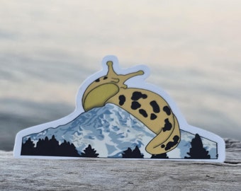 Banana Slug on Mt Rainier Vinyl Sticker, waterproof, Laptop decal, Water Bottle Sticker, PNW Sticker, Mt Tahoma, Stocking Stuffer