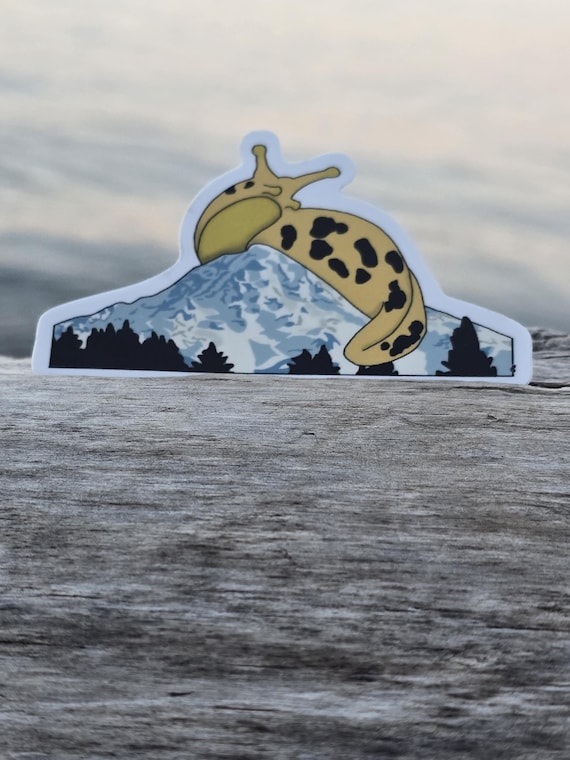 Banana Slug on Mt Rainier Vinyl Sticker, waterproof, Laptop decal, Water Bottle Sticker, PNW Sticker, Mt Tahoma, Stocking Stuffer