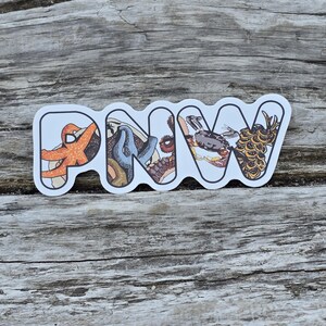 May include: White sticker with the letters PNW in a rounded font. Each letter is filled with a different illustration of a sea creature, including a starfish, an octopus, a crab, and a pineapple.