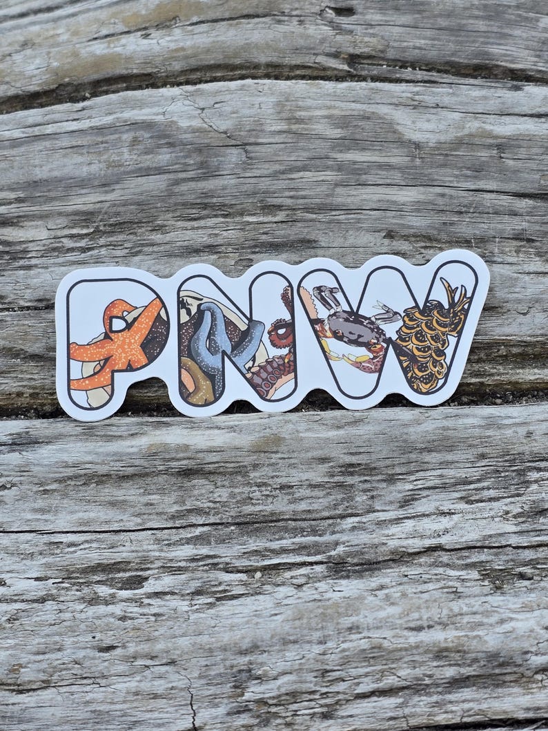 May include: White sticker with the letters PNW in a rounded font. Each letter is filled with a different illustration of a sea creature, including a starfish, an octopus, a crab, and a pineapple.