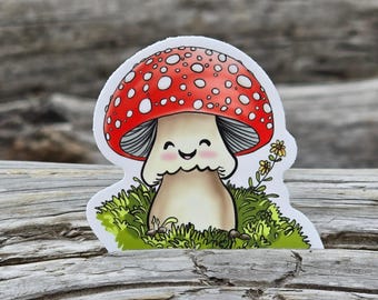 Happy Amanita Mushroom Sticker, Waterproof, Vinyl Sticker, Laptop Decal, Water Bottle Sticker, Stocking Stuffer, Gift under 10, Gift for Kid