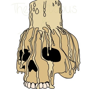 May include: A beige skull candle with dripping wax. The candle is shaped like a human skull with black eye sockets and teeth.