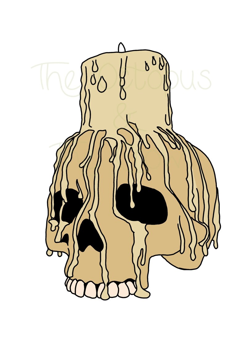 May include: A beige skull candle with dripping wax. The candle is shaped like a human skull with black eye sockets and teeth.