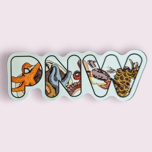 May include: A light blue sticker with the letters PNW in a wavy font. Each letter is filled with a different sea creature, including a starfish, an octopus, a crab, and a pineapple.