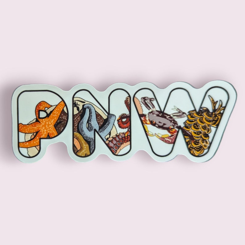 May include: A light blue sticker with the letters PNW in a wavy font. Each letter is filled with a different sea creature, including a starfish, an octopus, a crab, and a pineapple.