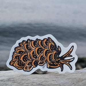 May include: A sticker of a stylized orange and black sea slug with a white background. The sticker is on a wooden surface.