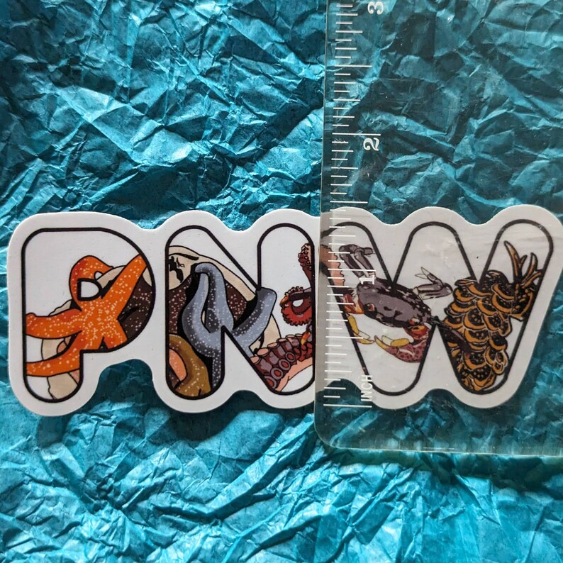 May include: White sticker with the letters PNW in a wavy font. Each letter is decorated with a different sea creature, including an orange starfish, a blue seahorse, a red octopus, a crab, and a brown and yellow seahorse.