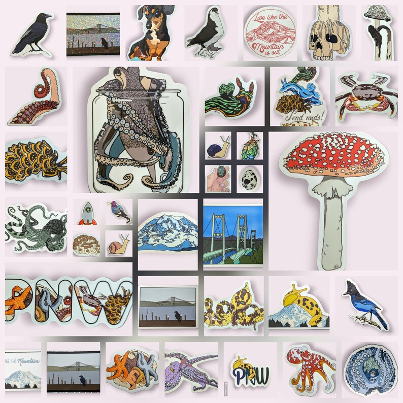 May include: A collection of stickers featuring various designs, including a mushroom, an octopus, a mountain, a bird, a snail, a crab, a skull, and a bridge. The stickers are colorful and have a variety of styles.