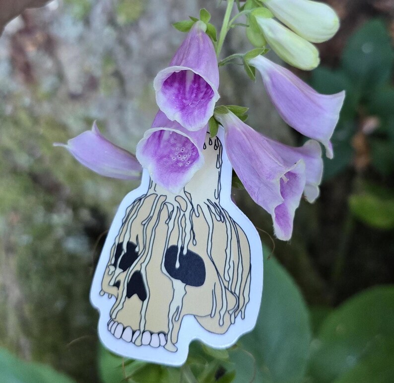 May include: A sticker of a skull with dripping wax, resembling a candle, with a purple flower behind it.