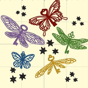 May include: A colorful embroidery design featuring five key-shaped insects, including a butterfly, dragonfly, and three moths, with a scattered pattern of black stars.
