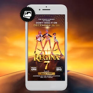 Puede incluir: Un smartphone muestra un gráfico promocional para un "Magic Event" el 26 de diciembre. La imagen presenta tres figuras en un escenario, la palabra "REGINA" en oro y detalles del evento, incluyendo la hora, "DE 16:00 A 20:00". El fondo es una puesta de sol.