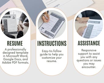 May include: A resume template design with three sections: Resume, Instructions, and Assistance. The Resume section shows a handshake, the Instructions section shows a hand writing on a resume, and the Assistance section shows a hand holding a resume. The text below each section describes the features of the template. The text at the bottom of the image says "BUY NOW".