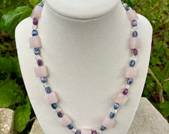 Pink Square Blue and Clear Necklace