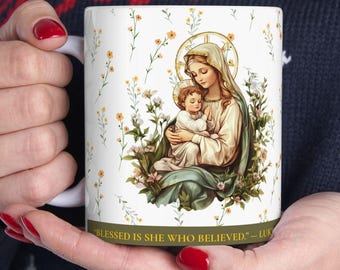 Floral Virgin Mary Ceramic Mug, Catholic Gift,  Christian Gift for Women