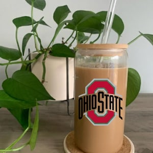 Ohio State Buckeyes glazen beker van 16 oz met bamboe deksel en rietje | Glas bierblikje | College Cup