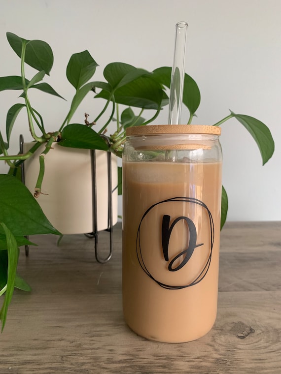 Personalized Initial Iced Coffee Cup with Lid and Straw, Beer Cup, Monogram Cup, Libbey Cup, 16oz Glass Tumbler