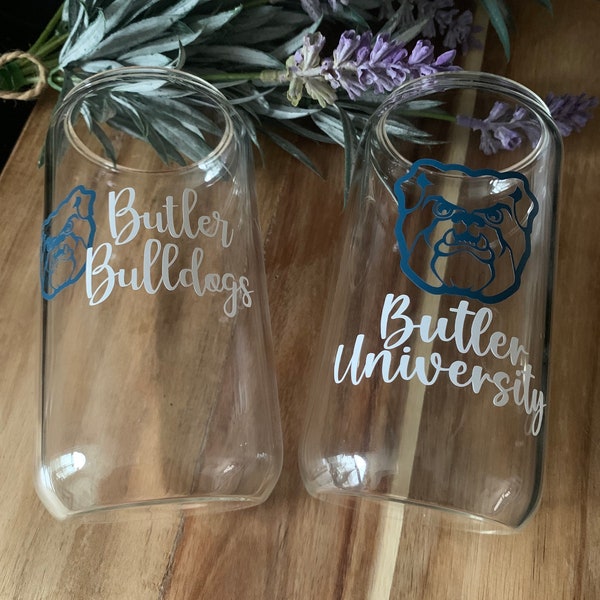 Butler University Custom Beer Can Glass, Bulldog Glass, College Cup, College Alumni Cup, 16oz Glass Cup, graduation gift