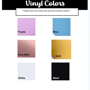Op de afbeelding: Afbeelding met een selectie van vinylkleuren. De afbeelding toont stalen van paars, blauw, ros&eacute;goud, goud, wit en zwart vinyl. Bovenin staat de tekst "Vinylkleuren" en een disclaimer over kleurvariatie.