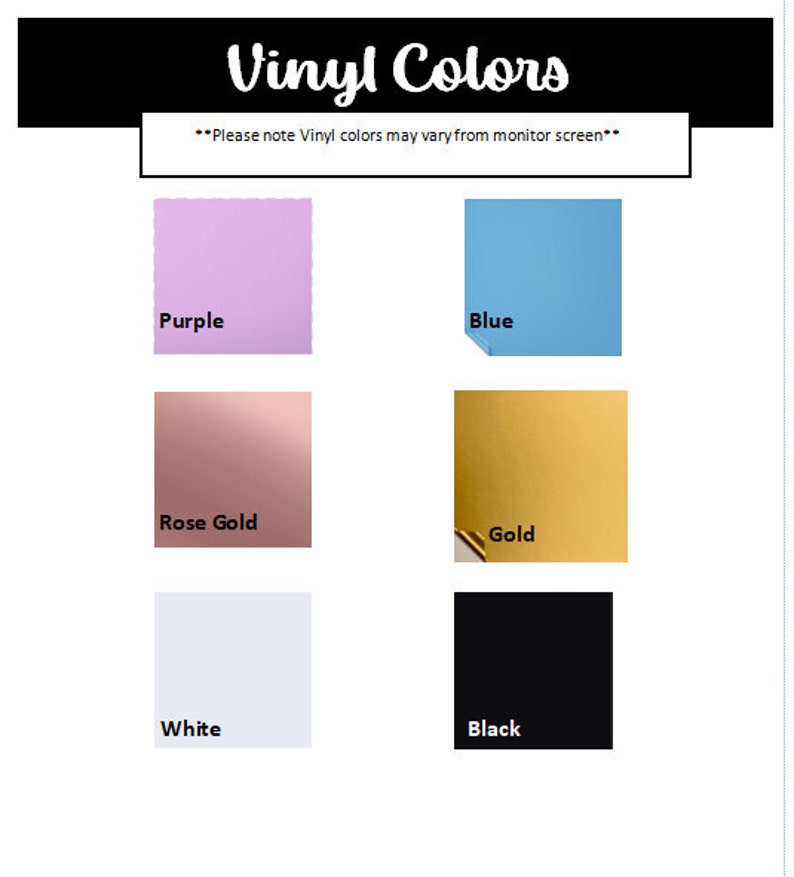 Op de afbeelding: Afbeelding met een selectie van vinylkleuren. De afbeelding toont stalen van paars, blauw, ros&eacute;goud, goud, wit en zwart vinyl. Bovenin staat de tekst "Vinylkleuren" en een disclaimer over kleurvariatie.