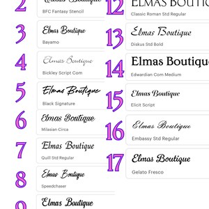 Pu&ograve; includere: Un'esposizione digitale di 17 diversi stili di carattere per "Elmas Boutique". Ogni stile &egrave; presentato con un numero in un cerchio viola. I caratteri variano dai serif classici agli script moderni.