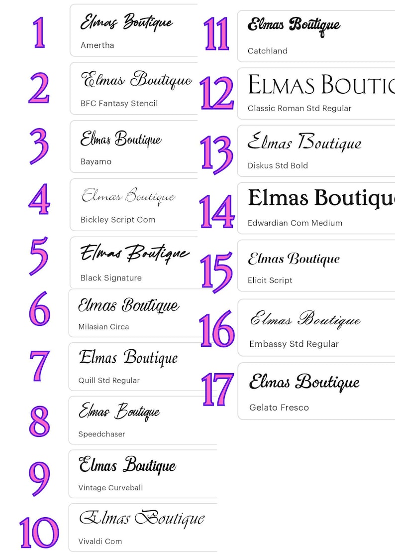 Pu&ograve; includere: Un'esposizione digitale di 17 diversi stili di carattere per "Elmas Boutique". Ogni stile &egrave; presentato con un numero in un cerchio viola. I caratteri variano dai serif classici agli script moderni.