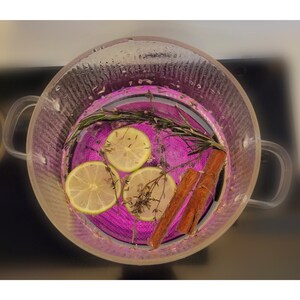 Könnte beinhalten: Eine klare Glasschüssel gefüllt mit Wasser, die Zitronenscheiben, Zimtstangen, Rosmarinzweige und Thymian enthält. Das Wasser hat eine leuchtend rosa Farbe.