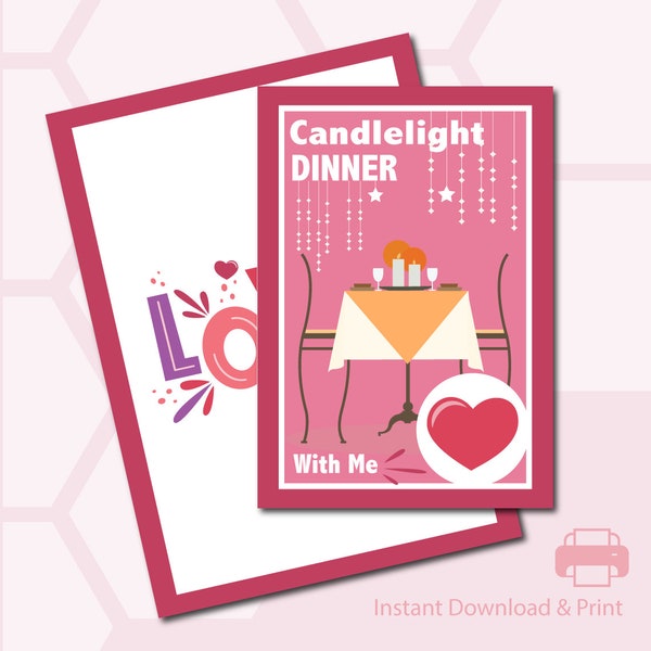 Candlelight Dinner - Experience Gift Card - Valentine's Day - Romance - Couples - Greeting Card - Envelope - Instant Download - Printable