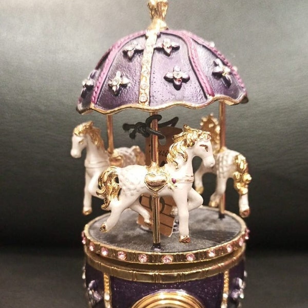 Faberge Style Egg with Spinning Musical Horse Carousel and a Quartz Clock