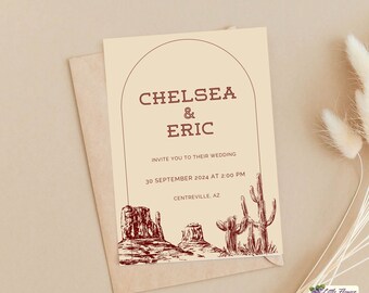 Könnte beinhalten: Eine Hochzeitseinladung mit einer Illustration einer Wüstenlandschaft. Die Einladung ist für die Hochzeit von Chelsea & Eric am 30. September 2024 um 14:00 Uhr in Centreville, Arizona.