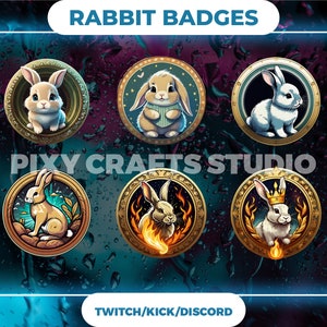 Set Of 6 Twitch Sub Badges Featuring Bunnies | Rabbits | Pretty And Kawaii Design | Cute Animal Badges For Stream.