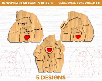 Wooden Bear Family Puzzle SVG Laser Cut File, Family Gift Puzzle Laser Cut,, Heart Bear Family Puzzle Laser Cut, Love SVG Design,Mum Day svg