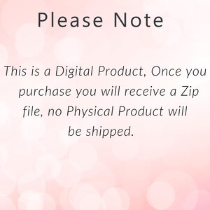 Puede incluir: Texto sobre un fondo rosa con un efecto de bokeh borroso. El texto dice: "Tenga en cuenta que este es un producto digital. Una vez que realice la compra, recibir&aacute; un archivo Zip. No se enviar&aacute; ning&uacute;n producto f&iacute;sico."