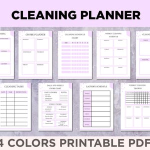 May include: Printable cleaning planner with a purple and white colour scheme. The planner includes sections for zone cleaning, chore planner, cleaning schedule chart, weekly cleaning schedule, cleaning checklist, cleaning tasks, daily and weekly chore chart, laundry schedule, and weekly cleaning tracker.