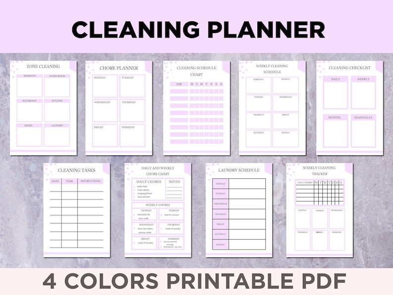 May include: Printable cleaning planner with a purple and white colour scheme. The planner includes sections for zone cleaning, chore planner, cleaning schedule chart, weekly cleaning schedule, cleaning checklist, cleaning tasks, daily and weekly chore chart, laundry schedule, and weekly cleaning tracker.