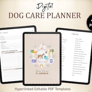 May include: A digital dog care planner with 40 pages. The cover features a cartoon dog and a person with a first aid kit, a bone, a leash, and other dog care items. The planner includes sections for pet details, vet details, checks, tests, and vaccinations, and an index.