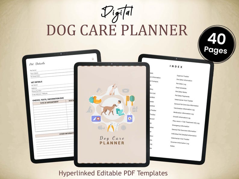 May include: A digital dog care planner with 40 pages. The cover features a cartoon dog and a person with a first aid kit, a bone, a leash, and other dog care items. The planner includes sections for pet details, vet details, checks, tests, and vaccinations, and an index.