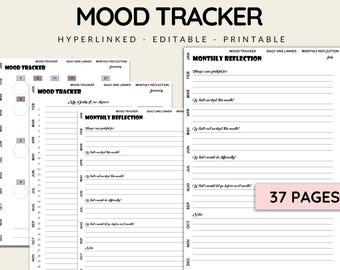 May include: A printable mood tracker with 37 pages. The tracker includes a daily one-liner section, a monthly reflection section, and a mood tracker with a hexagonal grid for each month of the year.