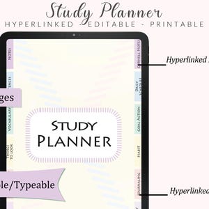 May include: Digital study planner displayed on a tablet. The planner features a cream-colored background with pastel accents and the title "Study Planner." It includes sections for notes, vocabulary, and daily schedules. The planner is hyperlinked, editable, and printable, with 50 pages.