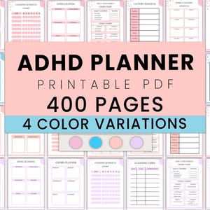 Può includere: Un collage di pagine di pianificatore stampabili in varianti di colore rosa, blu e viola. Le pagine sono progettate per organizzare le faccende domestiche, gli orari di pulizia e i compiti quotidiani. Il testo "ADHD PLANNER PRINTABLE PDF 400 PAGES 4 COLOR VARIATIONS" è visualizzato al centro dell'immagine.