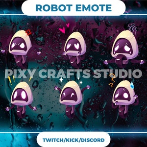 Pode incluir: Um conjunto de oito emoticons de robôs animados com diferentes expressões, incluindo zangado, triste, confuso e surpreso. Os emoticons são brancos com detalhes roxos e estão sobre um fundo escuro com gotas de água.