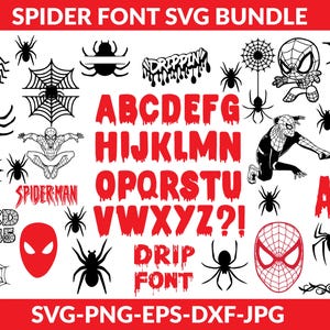 May include: A Spider-Man themed SVG bundle with various spider and web designs, along with a red dripping font alphabet and numbers. The bundle includes the text "SPIDER FONT SVG BUNDLE" and file type information.