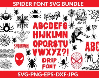 Alphabet araignée SVG, SVG police araignée, police araignée, police toile d'araignée, toile d'araignée SVG, araignée, lettres araignée, silhouette araignée, police araignée Dxf
