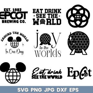 May include: Black and white vector graphics of various logos and text related to Epcot, a theme park at Walt Disney World. The text includes "Eat Drink See the World", "Around the World in One Day", "Joy to the Worlds", and "Epcot Brewing Co."
