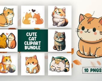 Cute Cat Clipart sublimatiebundel: 10 PNG-bestanden voor ambachten, scrapbooking, shirts & meer! Perfect voor Cricut Instant digitale download